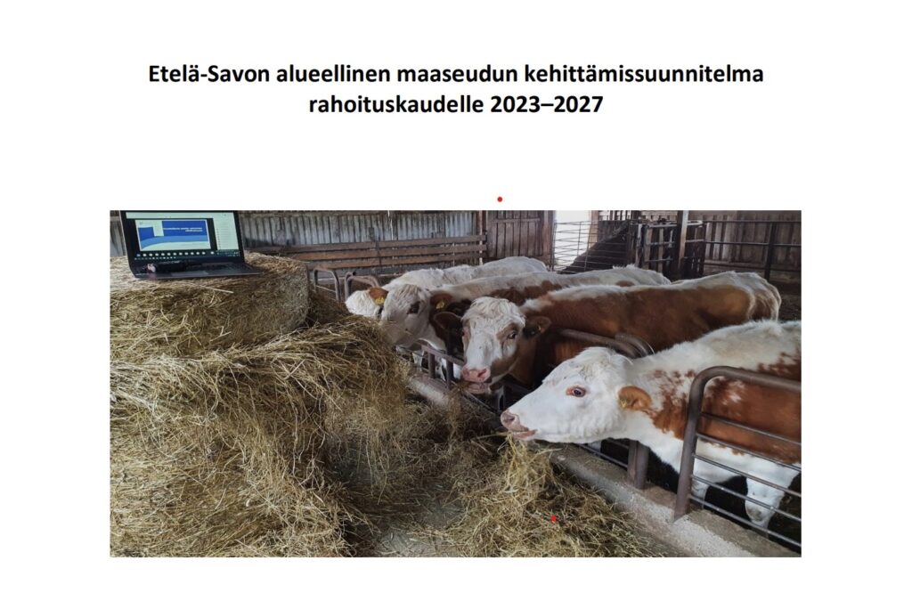 Kuva Etelä-Savon alueellisen maaseudun kehttimissuunnitelman 2023-2027 kannesta. Kannessa kuva valko-ruskeista naudoista syömässä heinää.